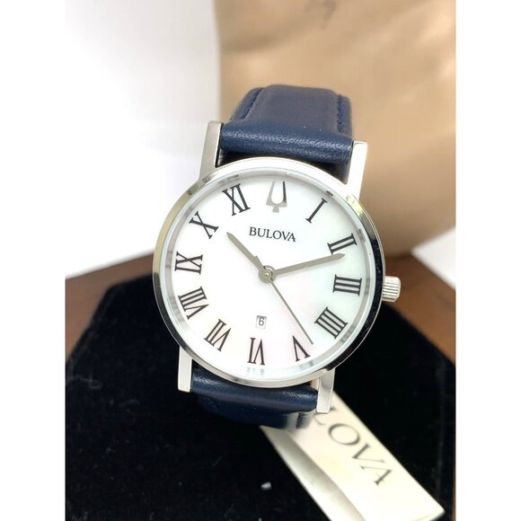 Bulova Women's Watch 96M146 Quartz Mother of Pearl White Dial Blue Leather Strap - Picture 1 of 13